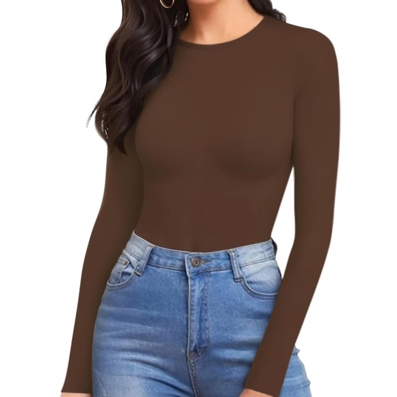 MANGOPOP Women's Square Neck Long Sleeve Tops Bodysuit brown Medium - Picture 5 of 6